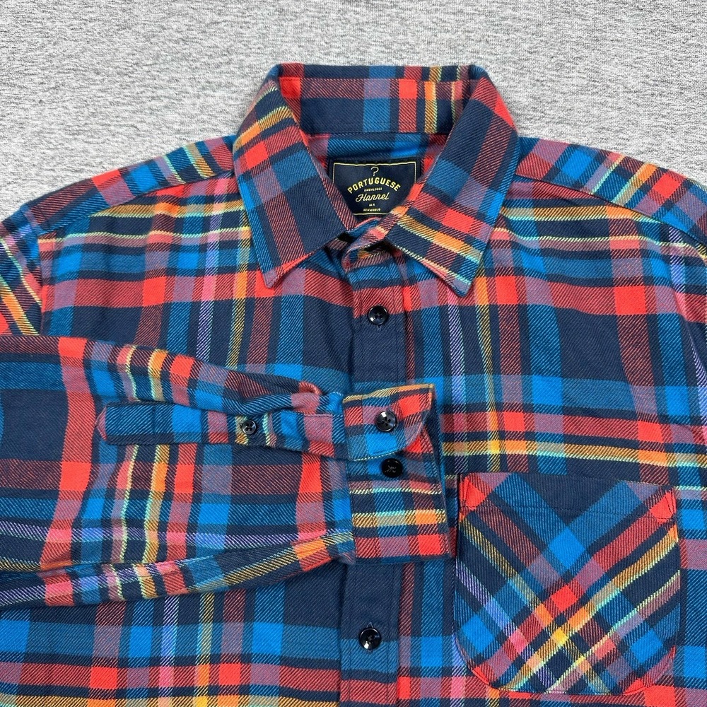 Portuguese Flannel Shirt Mens Medium Blue Red Plaid Long Sleeve Button Up